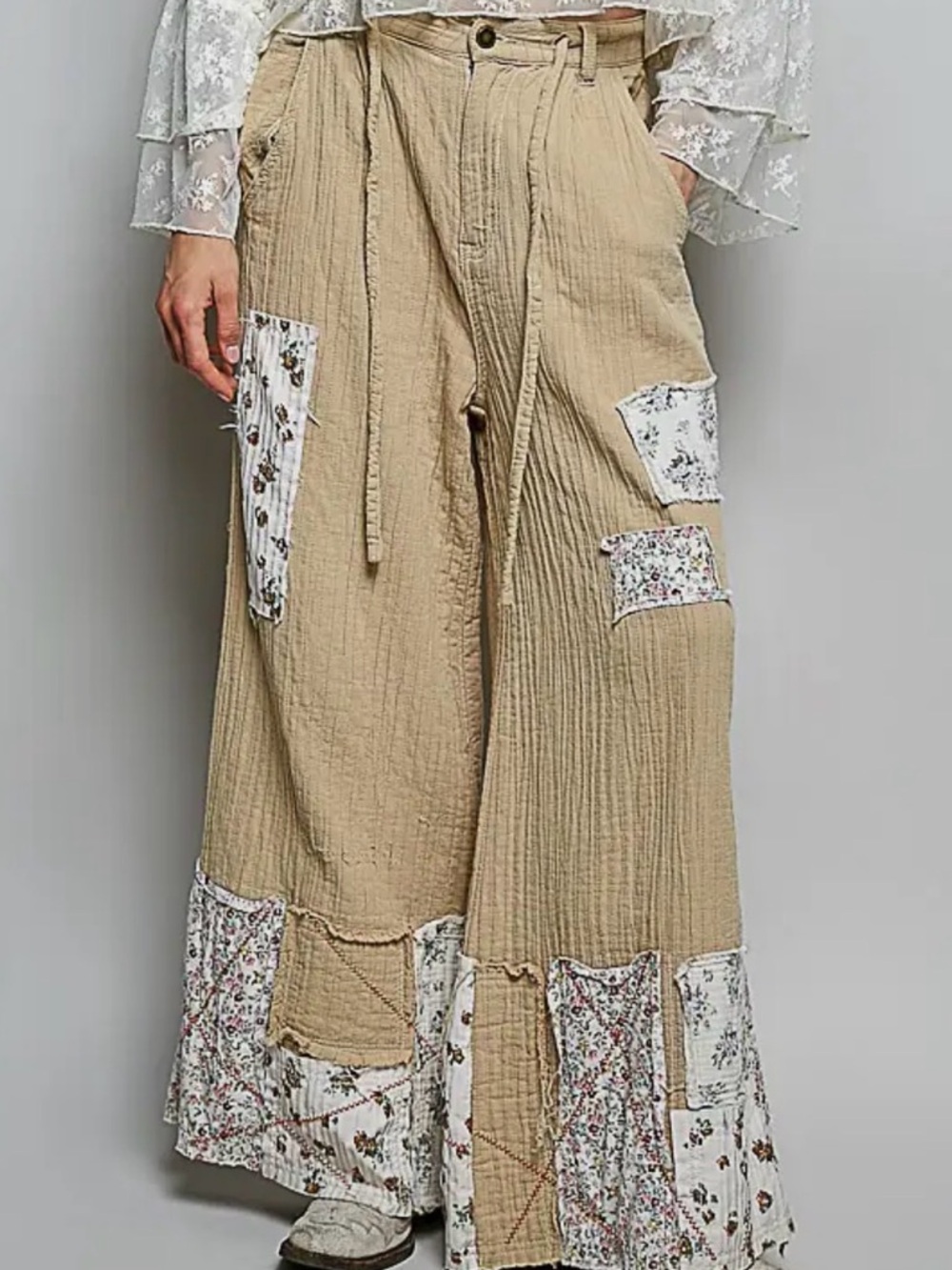 NEW Bestseller:”The Bailey”Patchwork Wide Leg Pants - Beige Floral Accents